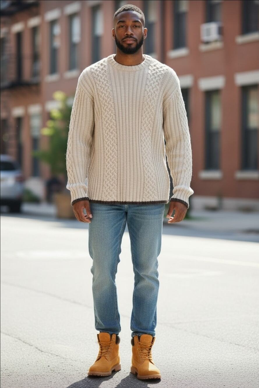 Vintage Timberland Heavyweight 100% Cotton Cable Knit Sweater Beige Mens Large